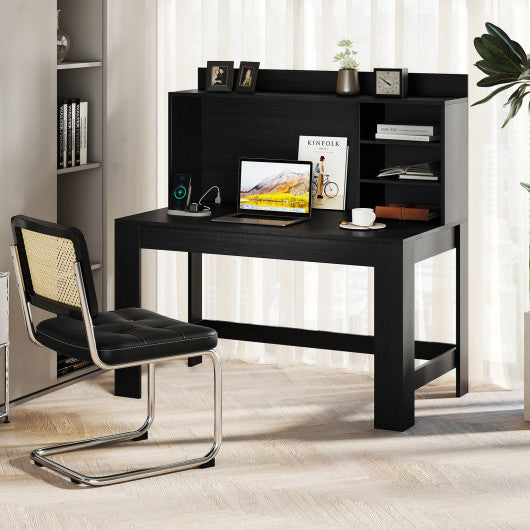 Modern Computer Desk with Hutch and Storage Shelves-Black