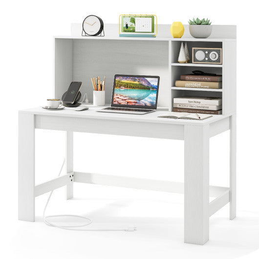 Modern Computer Desk with Hutch and Storage Shelves-White