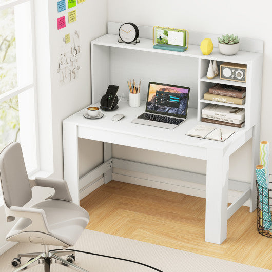 Modern Computer Desk with Hutch and Storage Shelves-White
