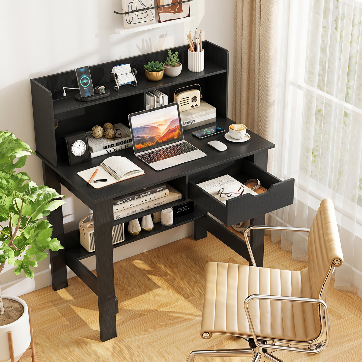 Computer Desk with Power Outlets USB Ports and Type-C-Black