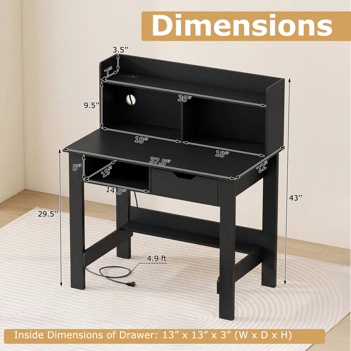 Computer Desk with Power Outlets USB Ports and Type-C-Black