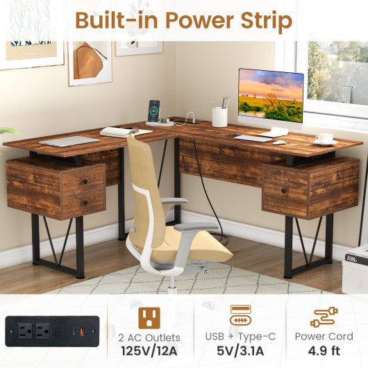 L-shaped Computer Desk with Power Outlets and 3 Storage Drawers-Rustic Brown