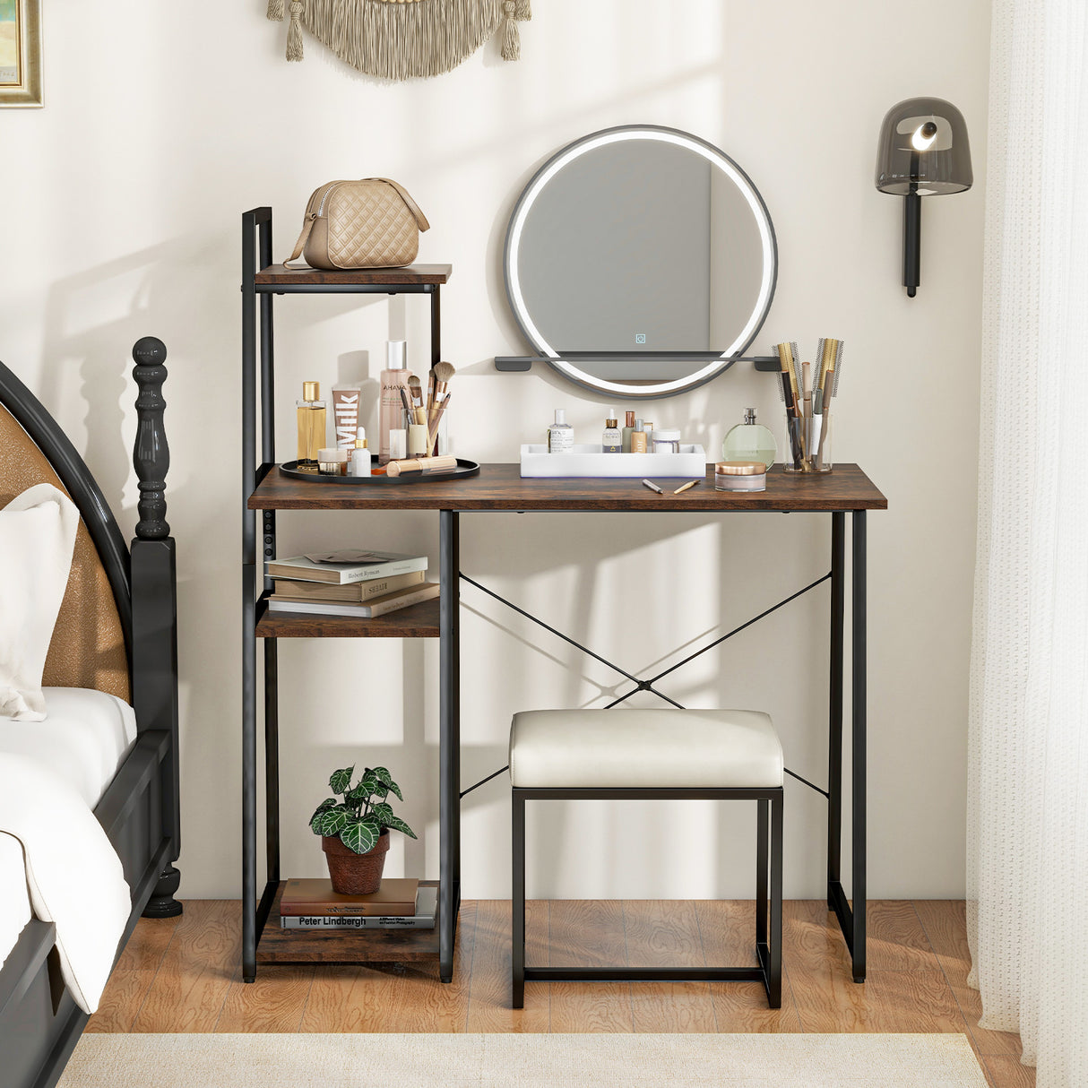 Compact Computer Desk Workstation with 4 Tier Shelves for Home and Office-Natural