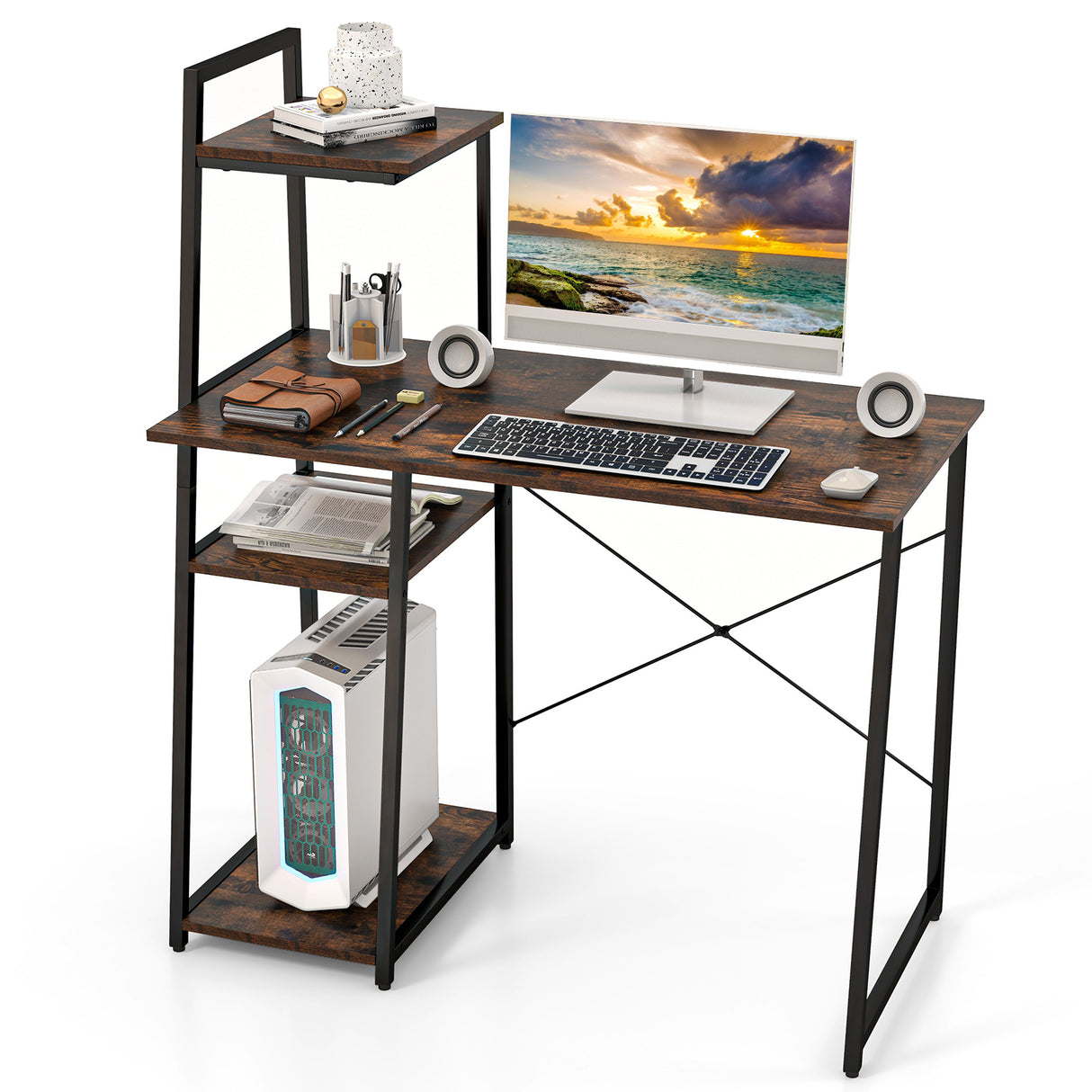 Compact Computer Desk Workstation with 4 Tier Shelves for Home and Office-Natural
