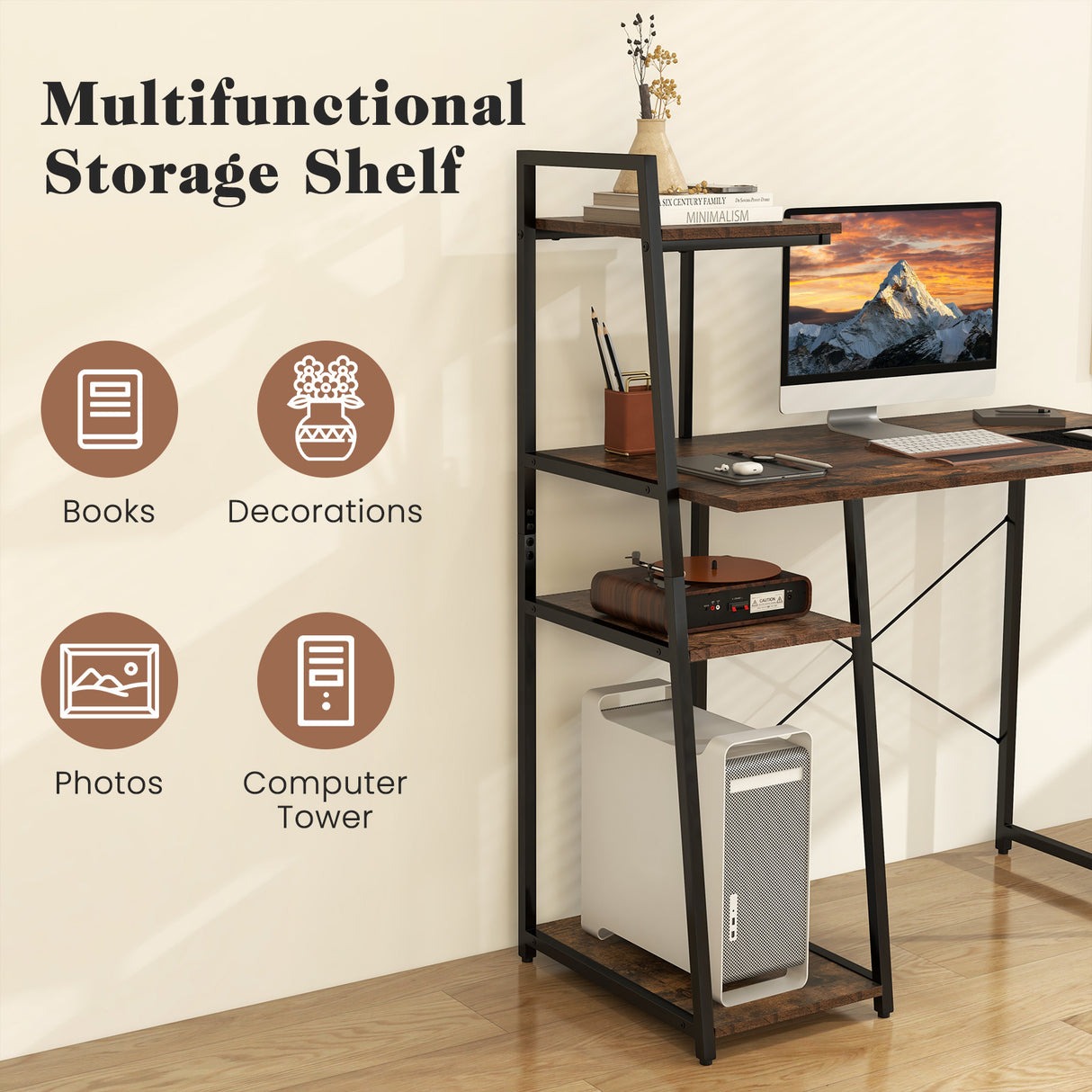 Compact Computer Desk Workstation with 4 Tier Shelves for Home and Office-Natural