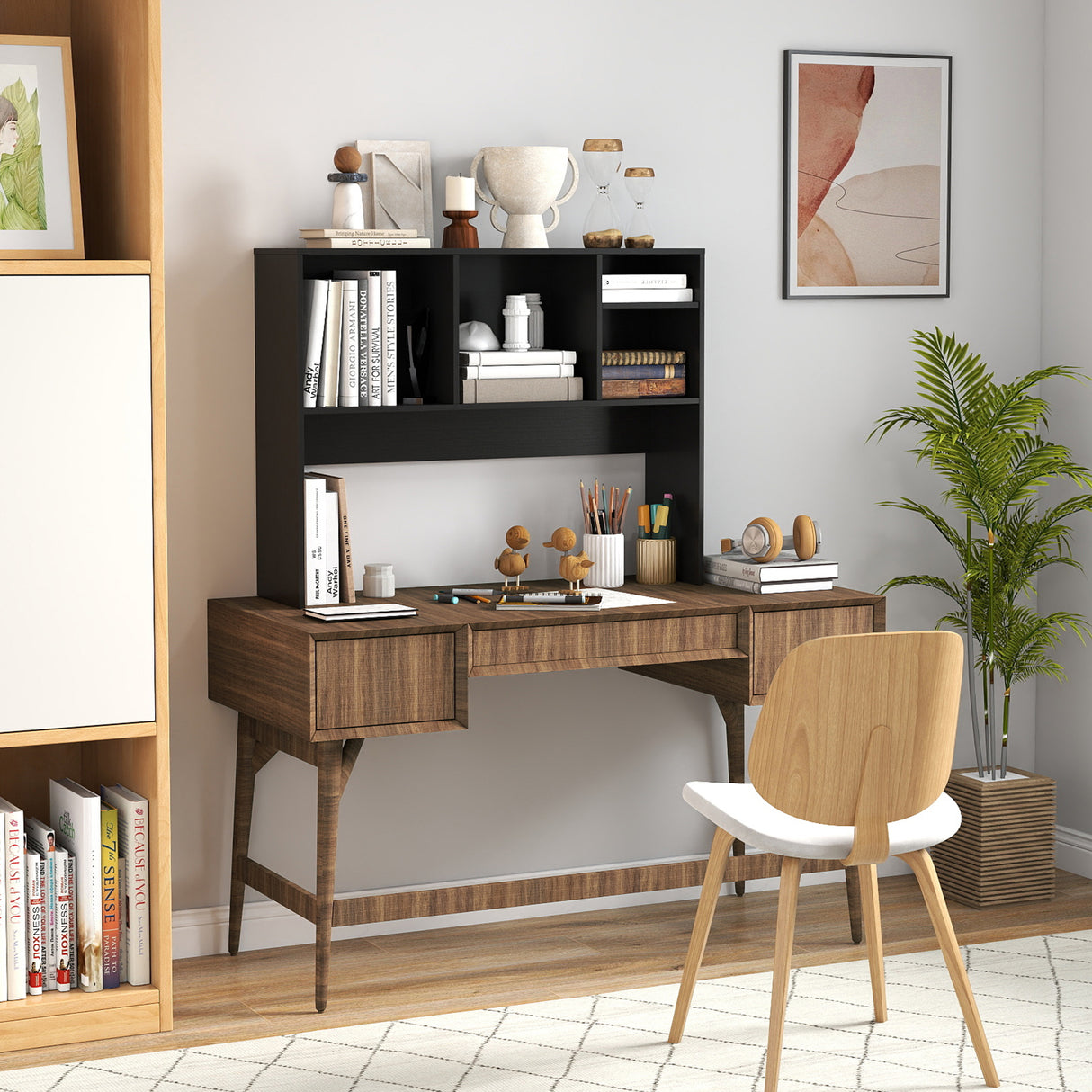Computer Desktop Bookcase with 4 Cubbies and Open Back Compartment-Black