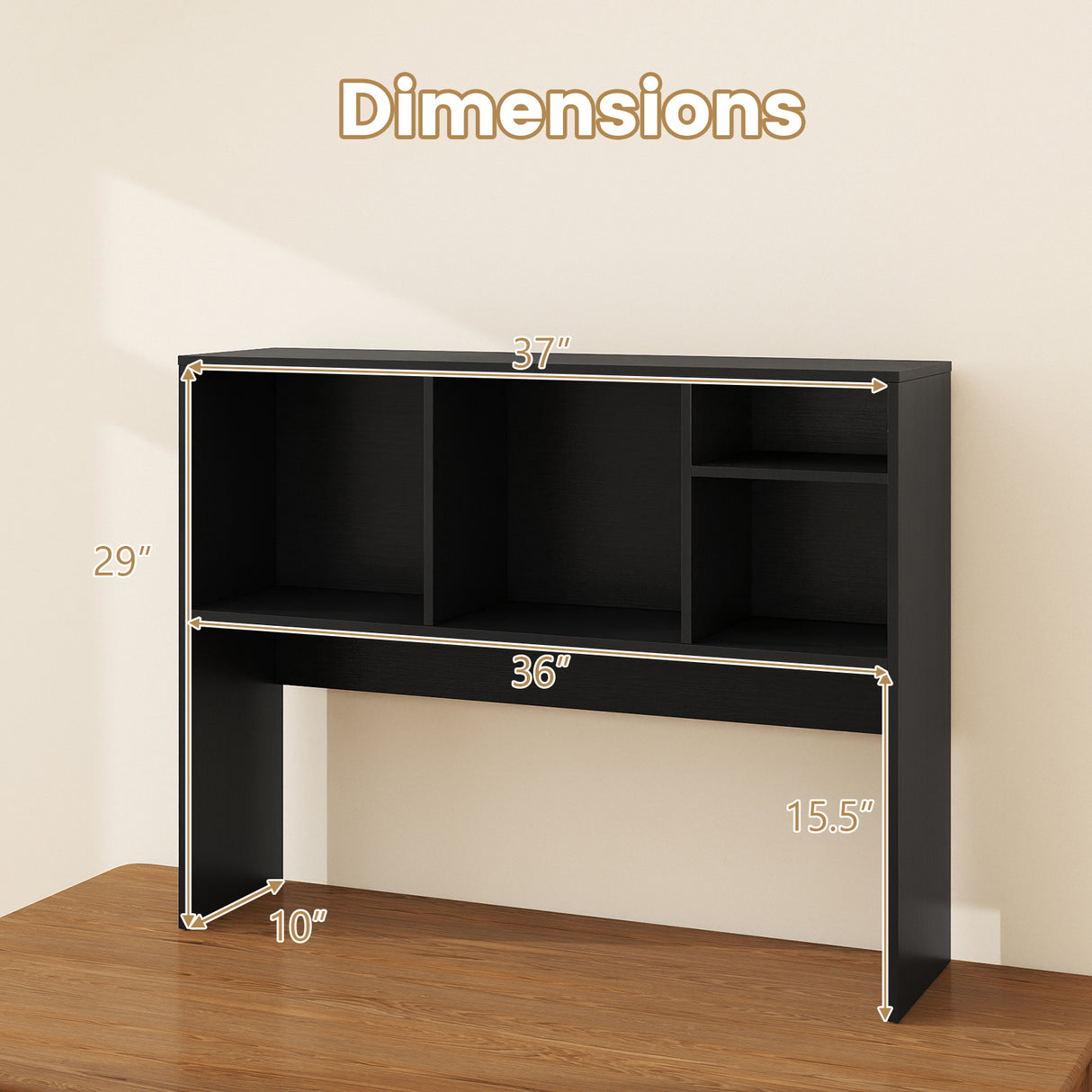 Computer Desktop Bookcase with 4 Cubbies and Open Back Compartment-Black