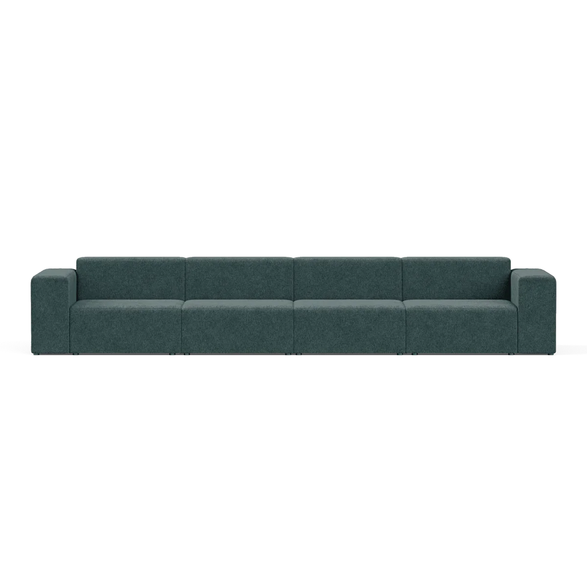 The Four-Seater Form Sectional is a spacious dark green modular sofa with six sections, featuring armrests on both ends, set against a plain white background and boasting a minimalist and contemporary design.