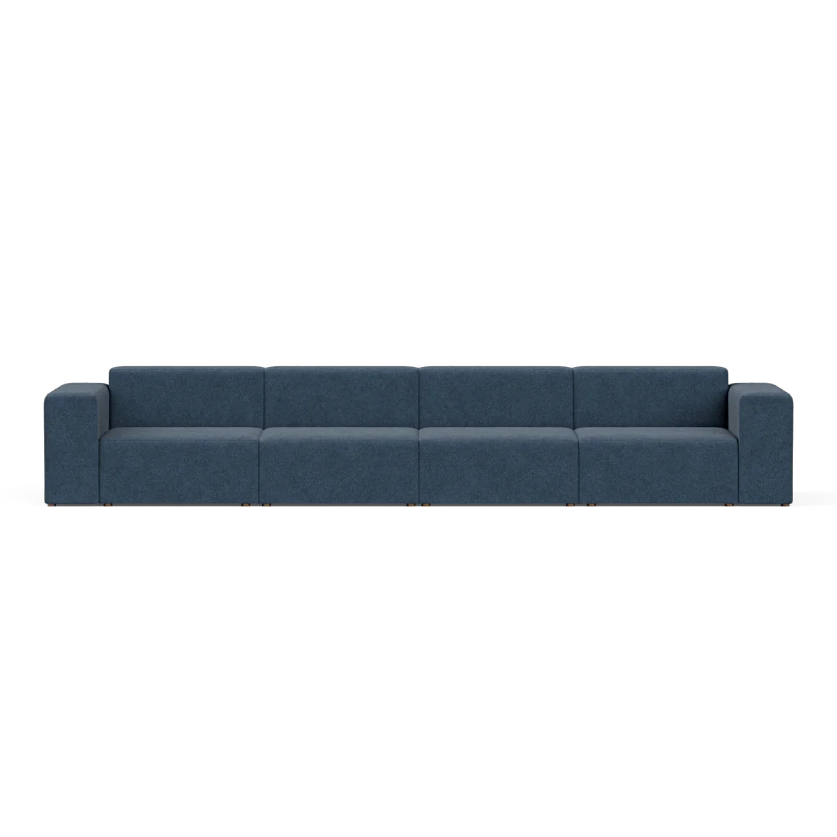 A sleek, contemporary blue Four-Seater Form Sectional featuring flat cushions and simple, straight armrests. It stands on square metal legs and is displayed against a plain white backdrop.