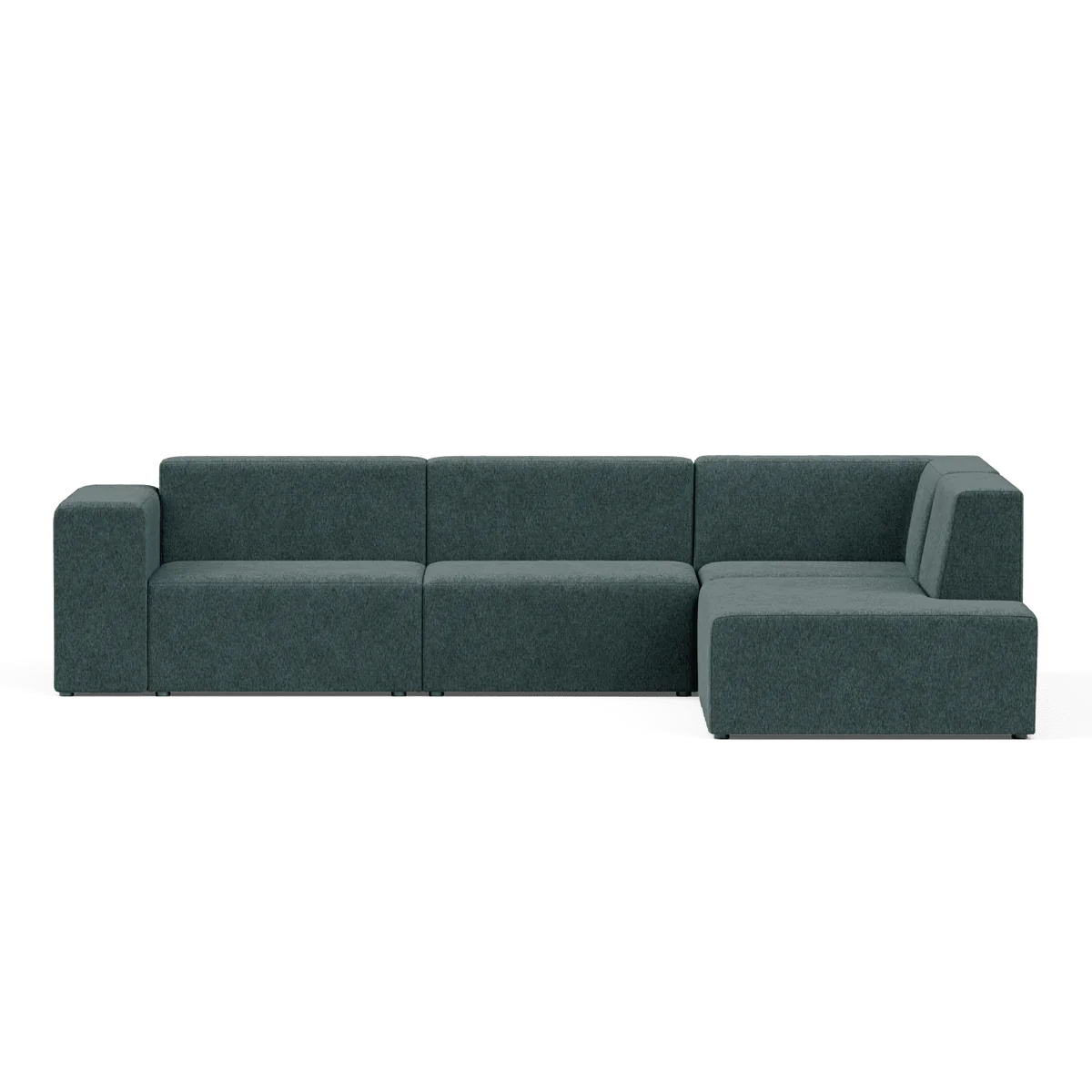 The Four-Seater Form Sectional is a modern, dark teal sectional sofa with a minimalist design. It features a left-hand armrest, three connected seats, and an extended chaise on the right side, positioned against a plain background.