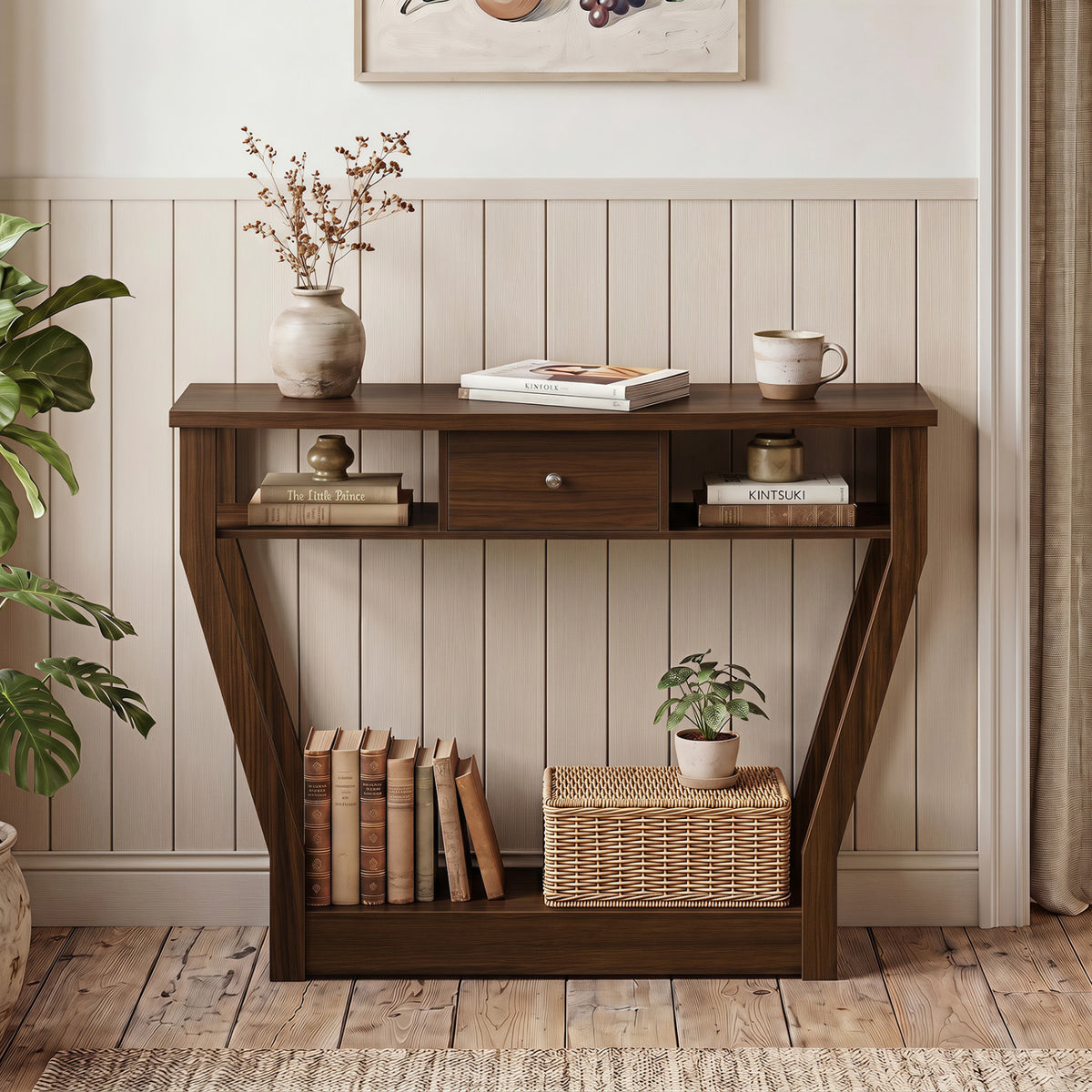 Console Hall Table with Storage Drawer and Shelf-Walnut