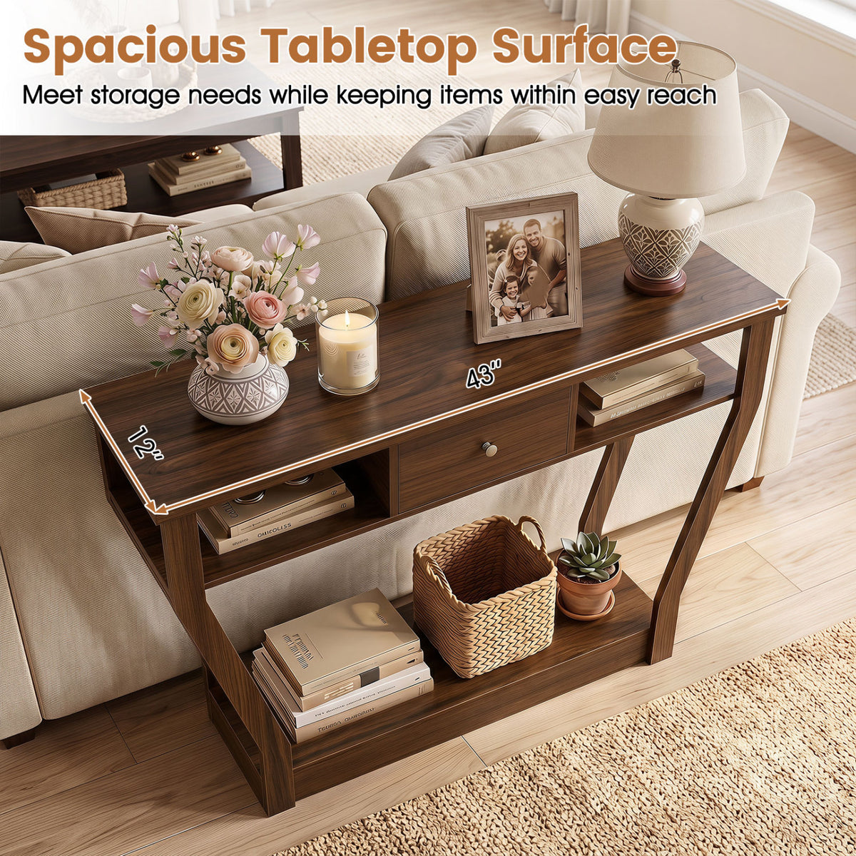 Console Hall Table with Storage Drawer and Shelf-Walnut