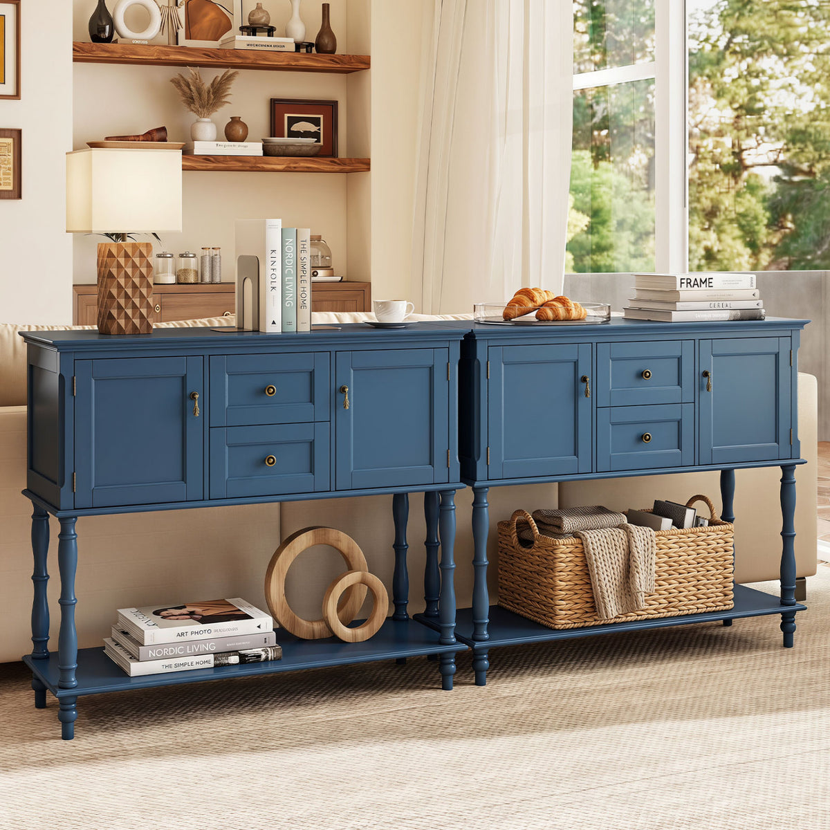 Console Table with 2 Drawers and 2 Door Cabinets and Bottom Storage Shelf-Blue