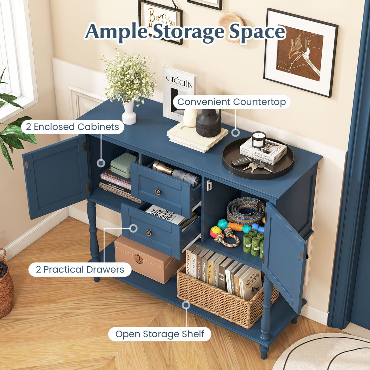 Console Table with 2 Drawers and 2 Door Cabinets and Bottom Storage Shelf-Blue