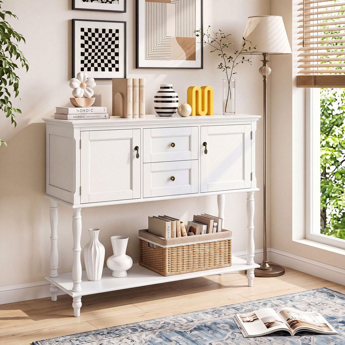 Console Table with 2 Drawers and 2 Door Cabinets and Bottom Storage Shelf-White