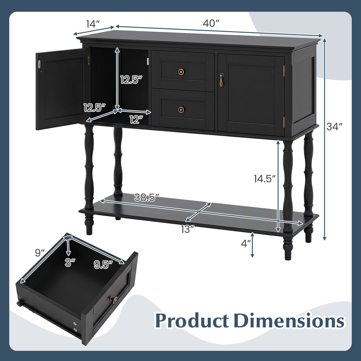 Console Table with 2 Drawers and 2 Door Cabinets and Bottom Storage Shelf-Black