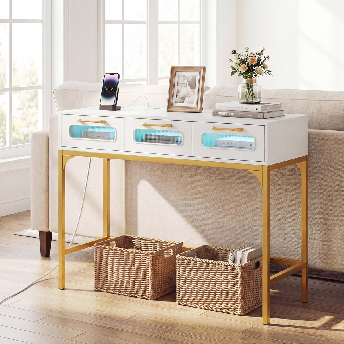 Console Table with LED Lighting and Charging Station for Living Room and Hallway-White