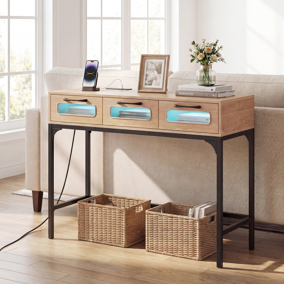 Console Table with LED Lighting and Charging Station for Living Room and Hallway-Natural