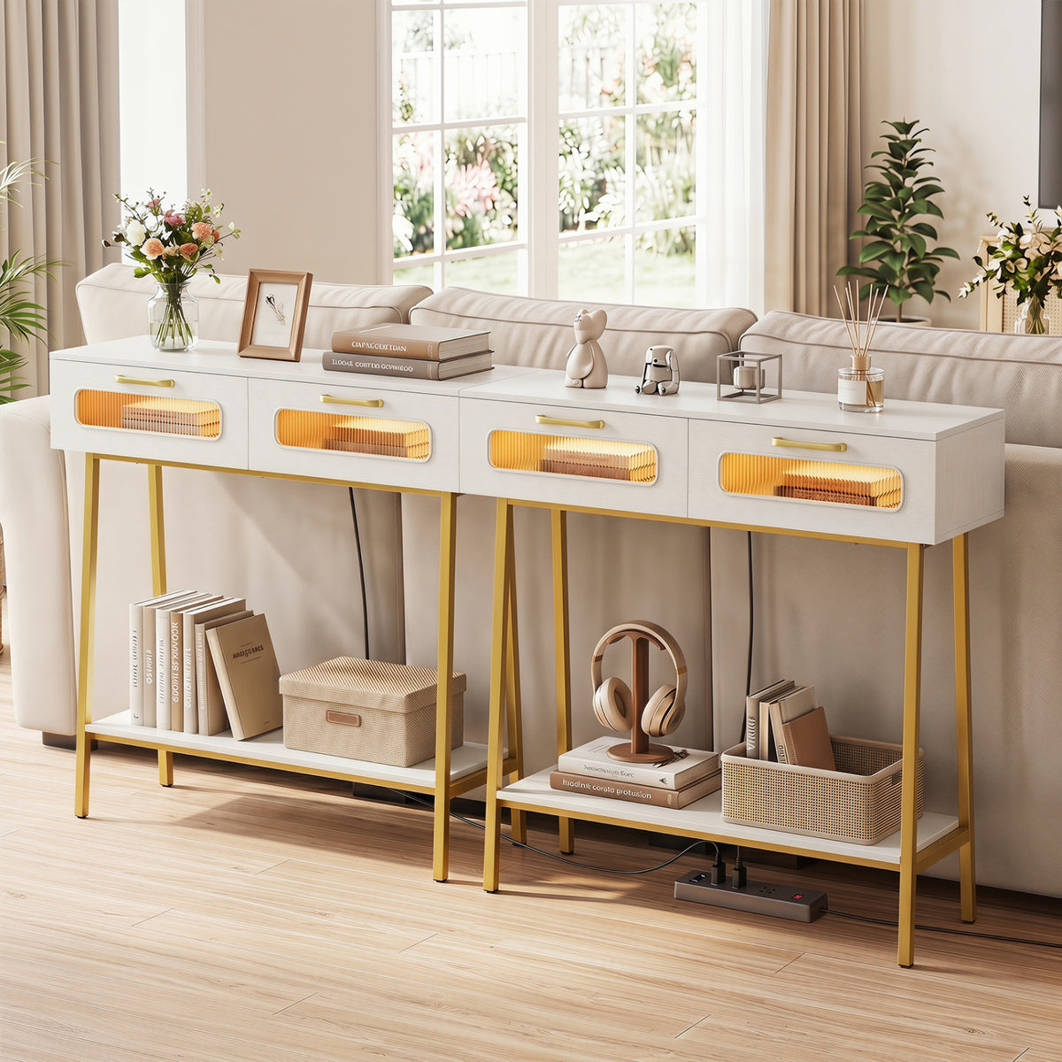 Console Table with LED Lights and Open Shelf for Hallway Entrance-White