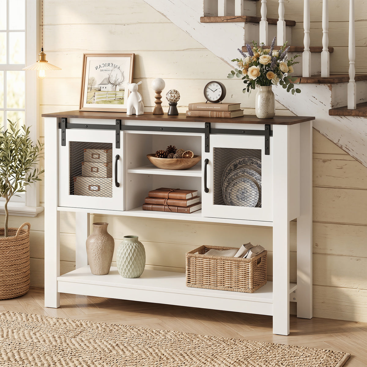Console Table with Sliding Barn Doors and Storage Cabinets-Rustic Brown