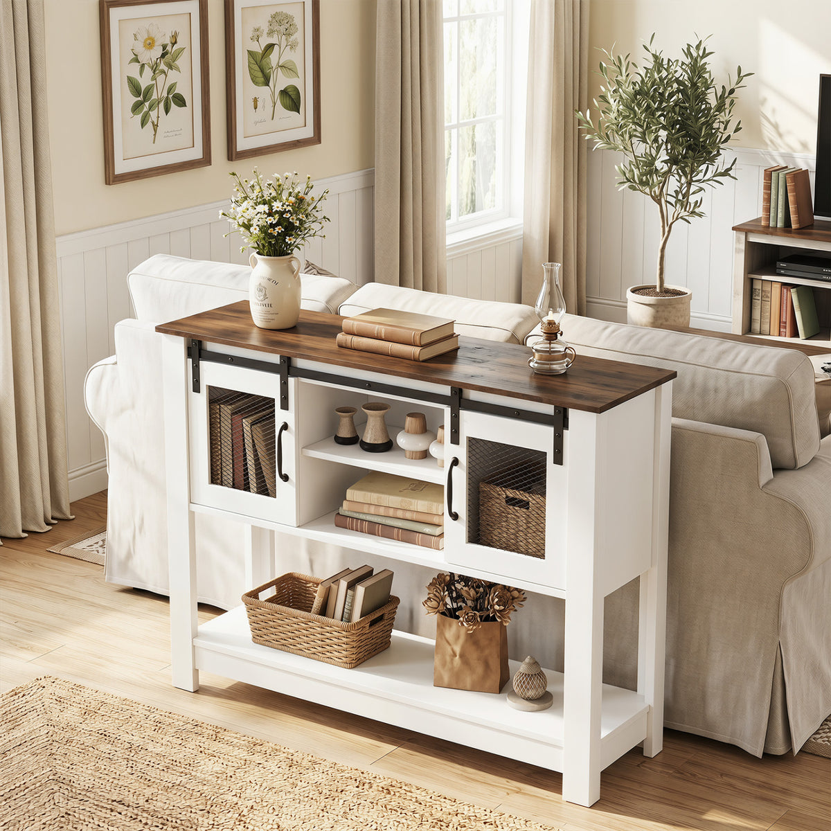 Console Table with Sliding Barn Doors and Storage Cabinets-Rustic Brown
