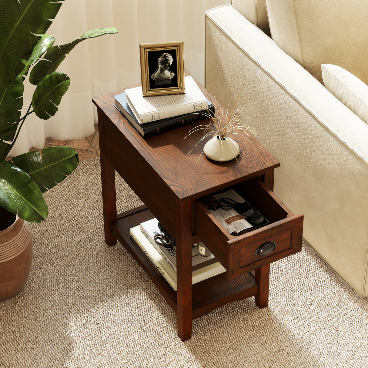 Contemporary Chair Side End Table Compact Table with Drawer Nightstand-Natural