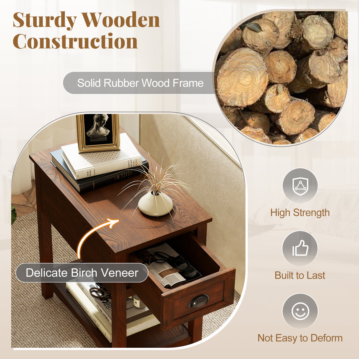 Contemporary Chair Side End Table Compact Table with Drawer Nightstand-Natural