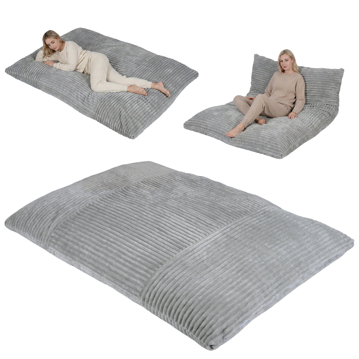 Convertible Bean Bag Floor Sofa with Machine-washable Corduroy Cover-Gray