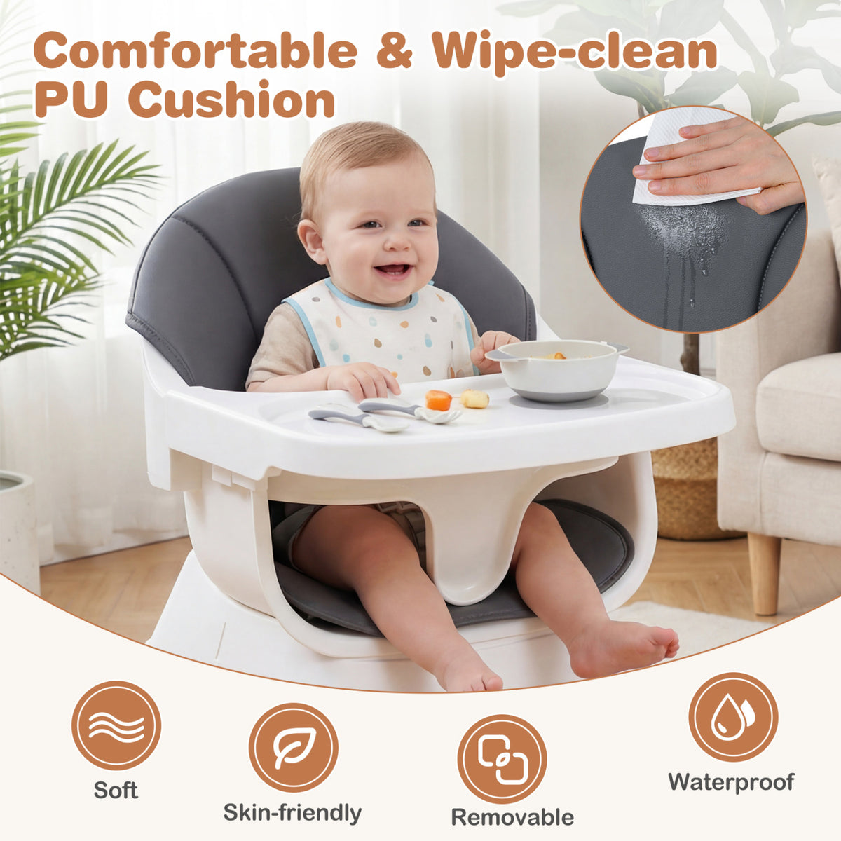Convertible High Chair for Babies and Toddlers Solid Wood Baby Feeding Chair with 3-Position Adjustable Tray-Gray