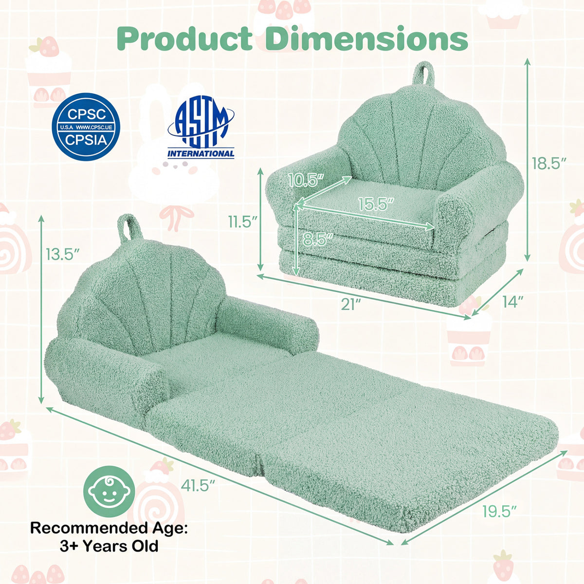 Convertible Kids Sofa 2-in-1 Fold out Toddler Couch Chair-Green