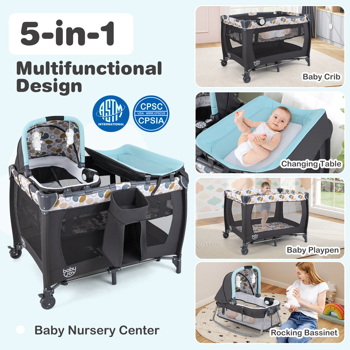 4-in-1 Convertible Portable Baby Playard Newborn Napper with Music and Toys-Blue
