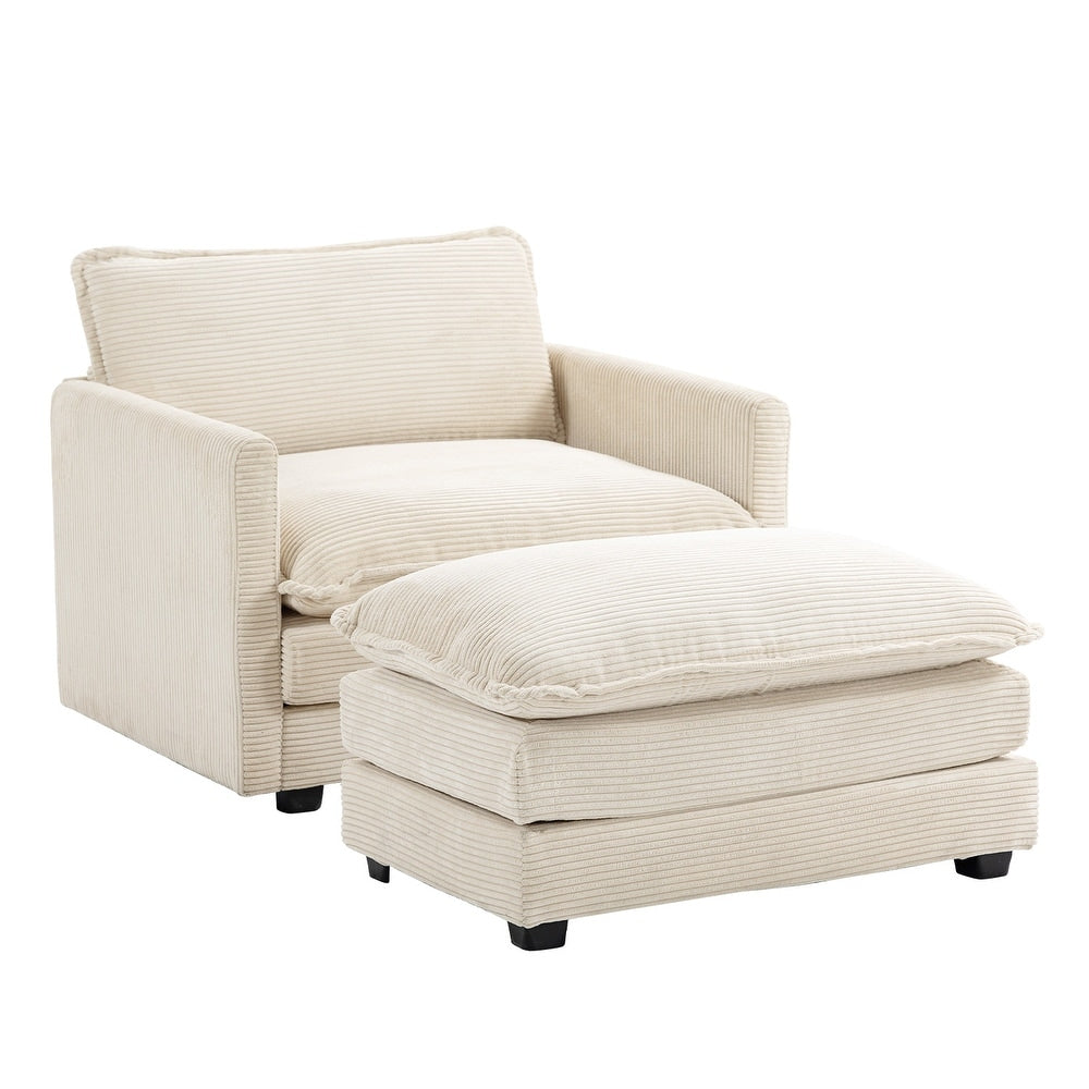 The Jearey Corduroy Sectional Sofa in beige features a cushioned seat and backrest, complemented by straight armrests. It is paired with a matching cushioned ottoman, and both pieces are supported by short, dark wooden legs.
