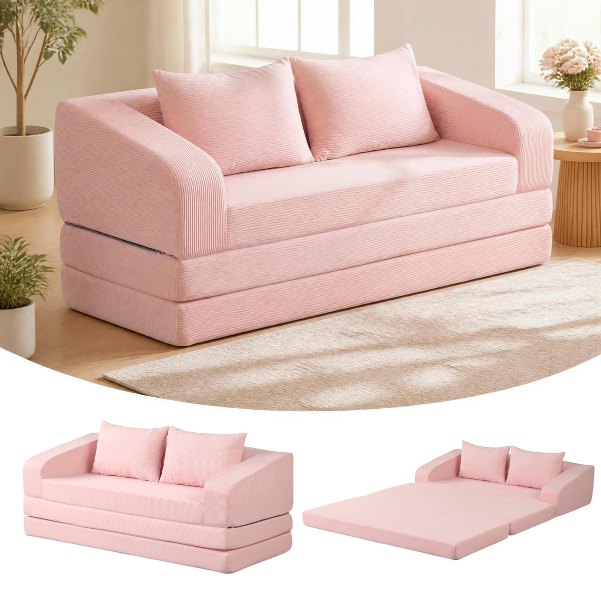 Corduroy Loveseat Sleeper Sofa with 2 Back Cushions for Living Room Bedroom Apartment-Pink