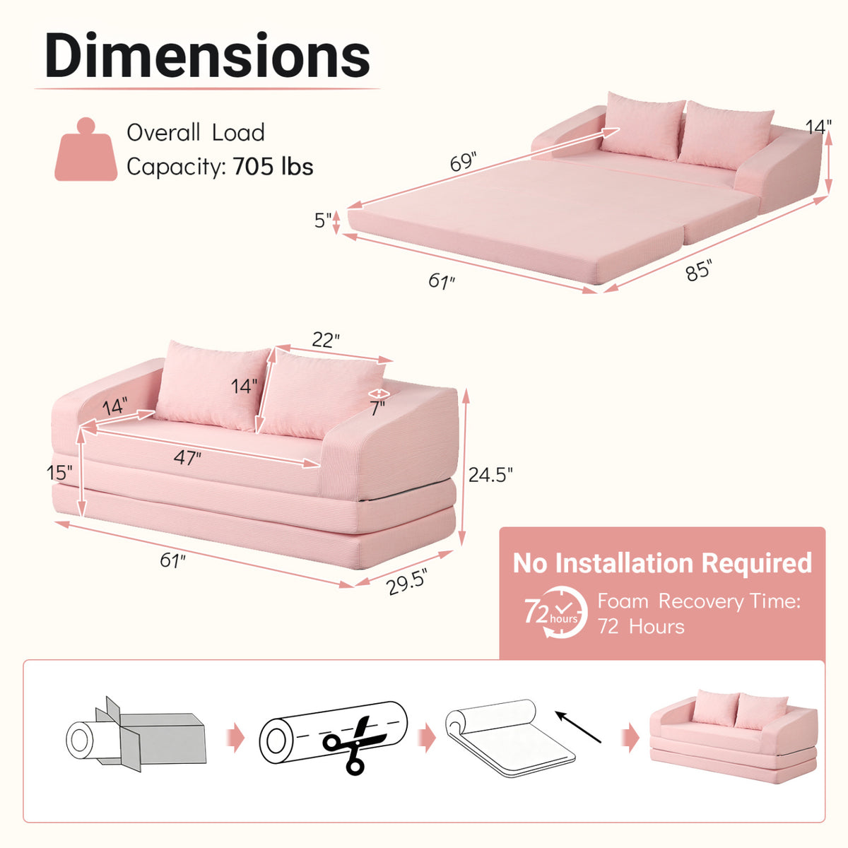 Corduroy Loveseat Sleeper Sofa with 2 Back Cushions for Living Room Bedroom Apartment-Pink