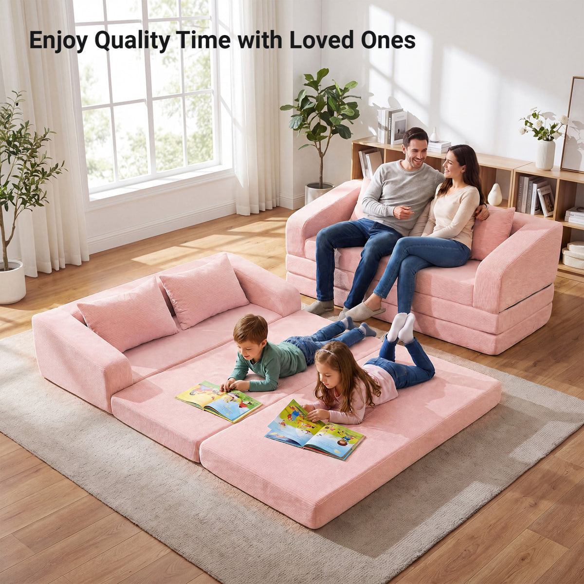 Corduroy Loveseat Sleeper Sofa with 2 Back Cushions for Living Room Bedroom Apartment-Pink