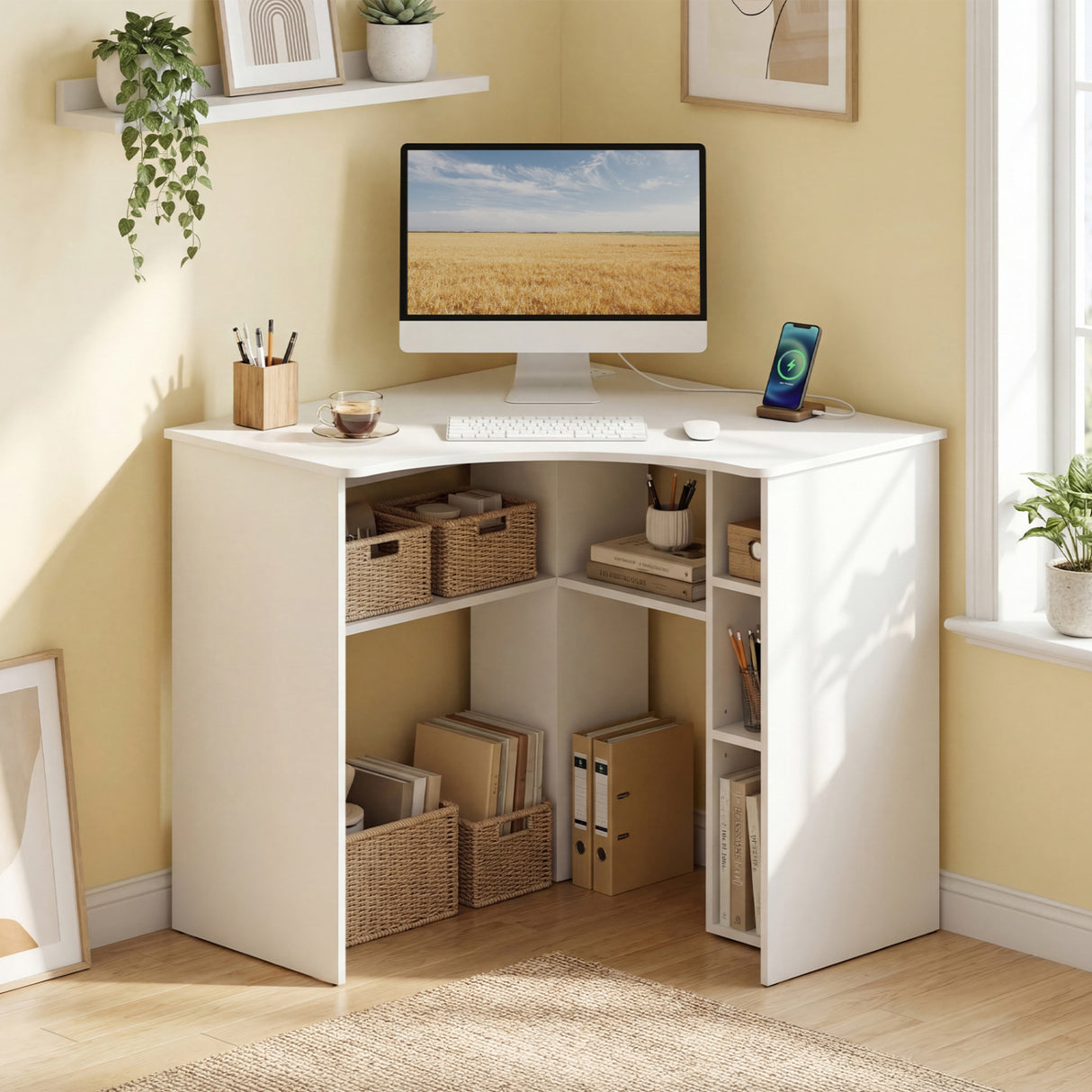 Corner Computer Desk Triangle Home Office Desk with Adjustable Shelf and Arc-Shaped Profile-White