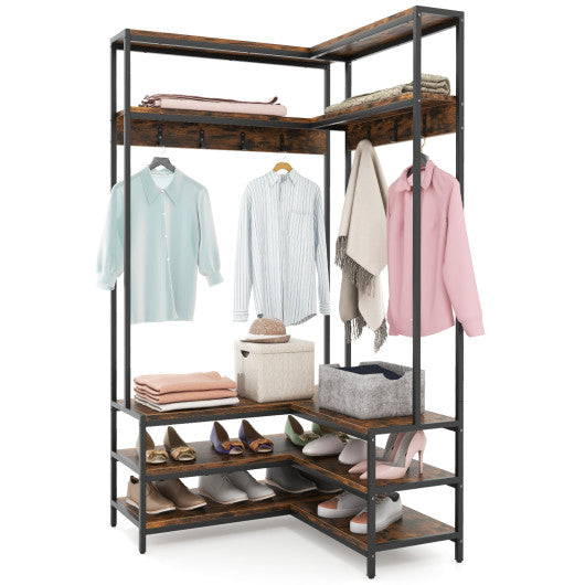 Corner Garment Rack with Open Shelves and 7 Hooks Shoe Bench-Rustic Brown