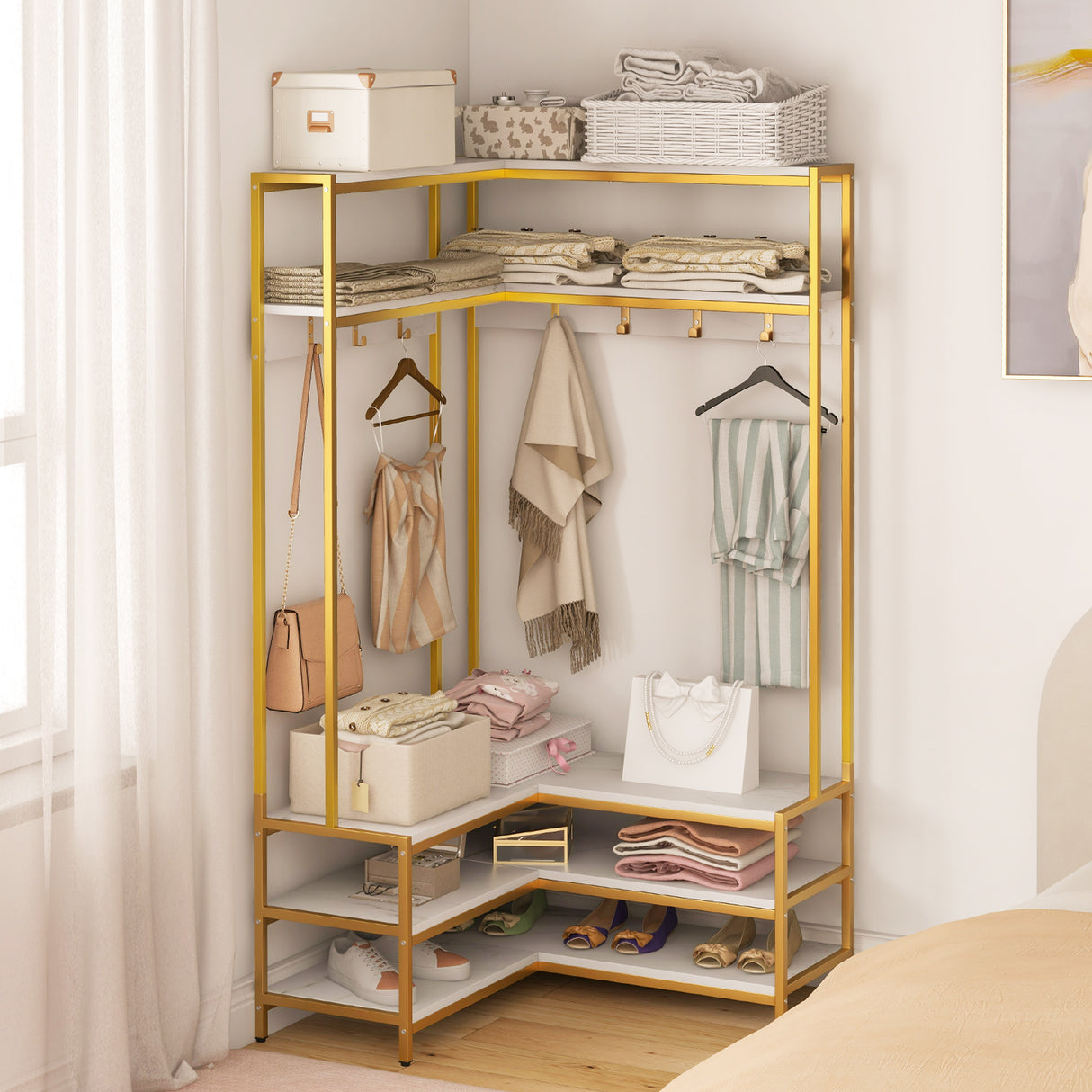 Corner Garment Rack with Open Shelves and 7 Hooks Shoe Bench-White