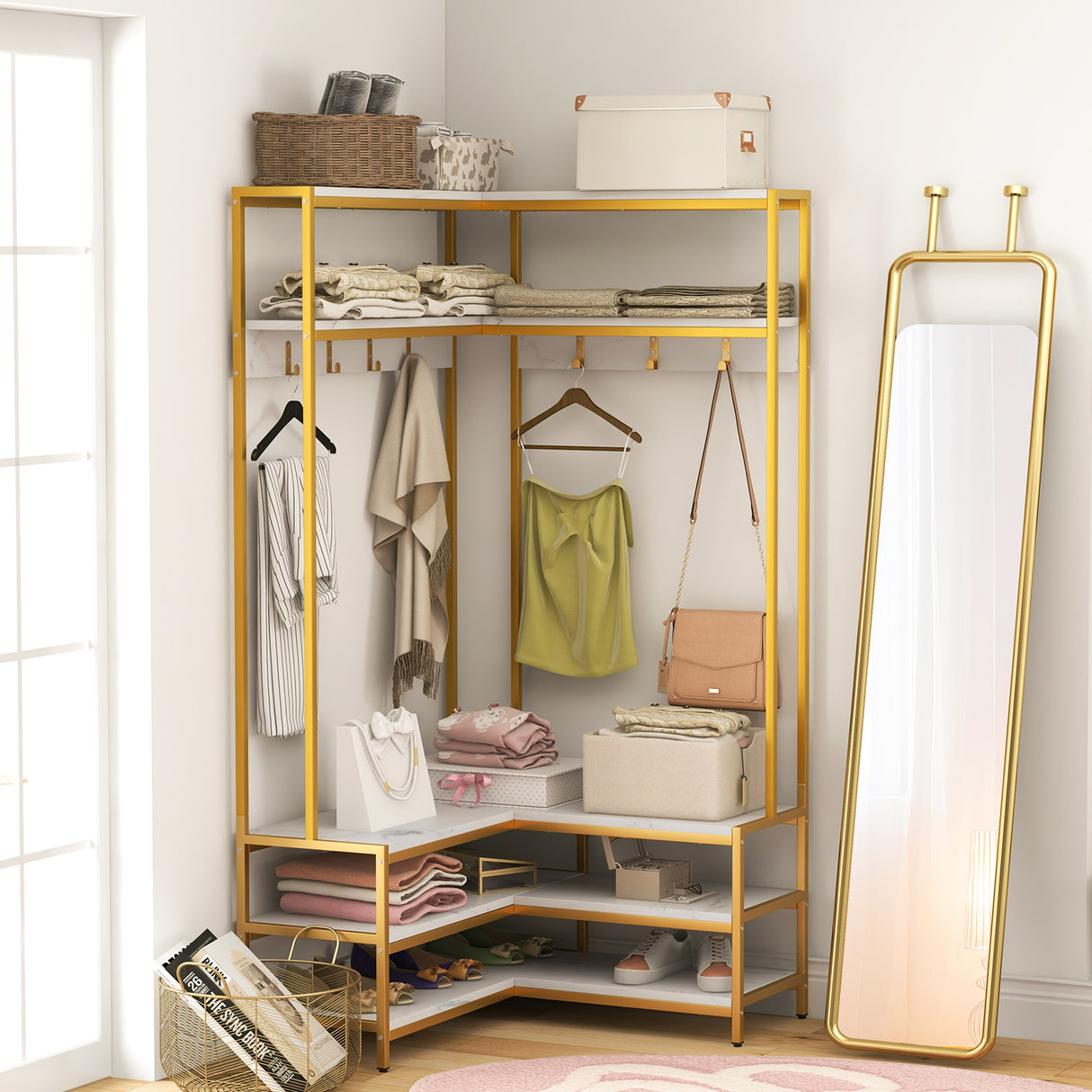 Corner Garment Rack with Open Shelves and 7 Hooks Shoe Bench-White