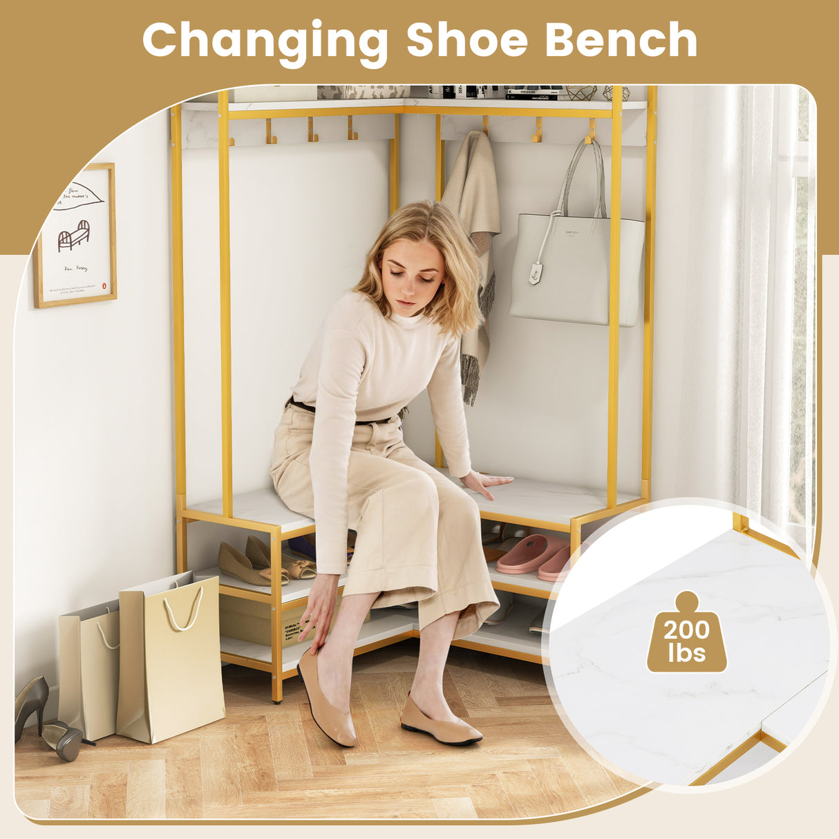 Corner Garment Rack with Open Shelves and 7 Hooks Shoe Bench-White