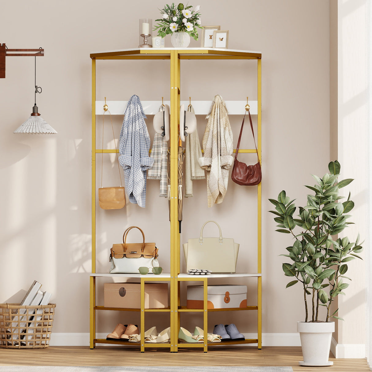 Corner Hall Tree Freestanding Coat Rack with Storage Shelves Removable Hooks-White