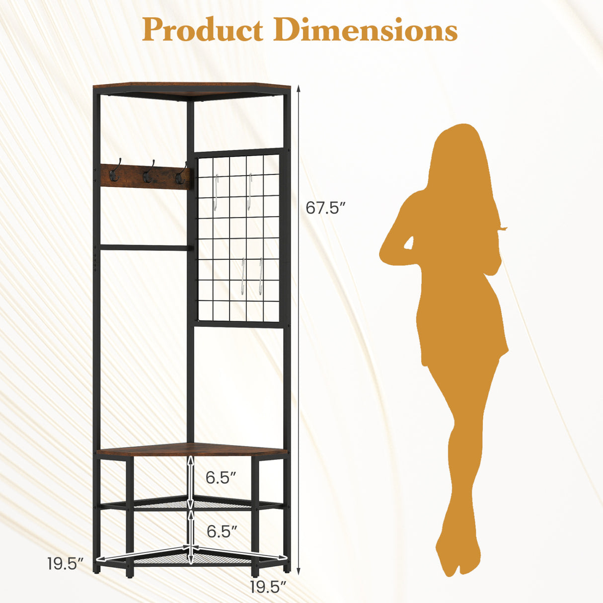 Corner Hall Tree Freestanding Coat Rack with Storage Shelves Removable Hooks-Brown