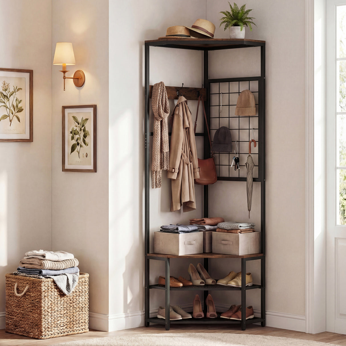 Corner Hall Tree Freestanding Coat Rack with Storage Shelves Removable Hooks-Brown