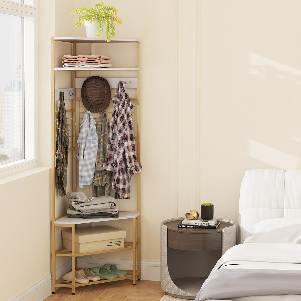 5-Tier Corner Hall Tree with Shoe Storage Bench-White
