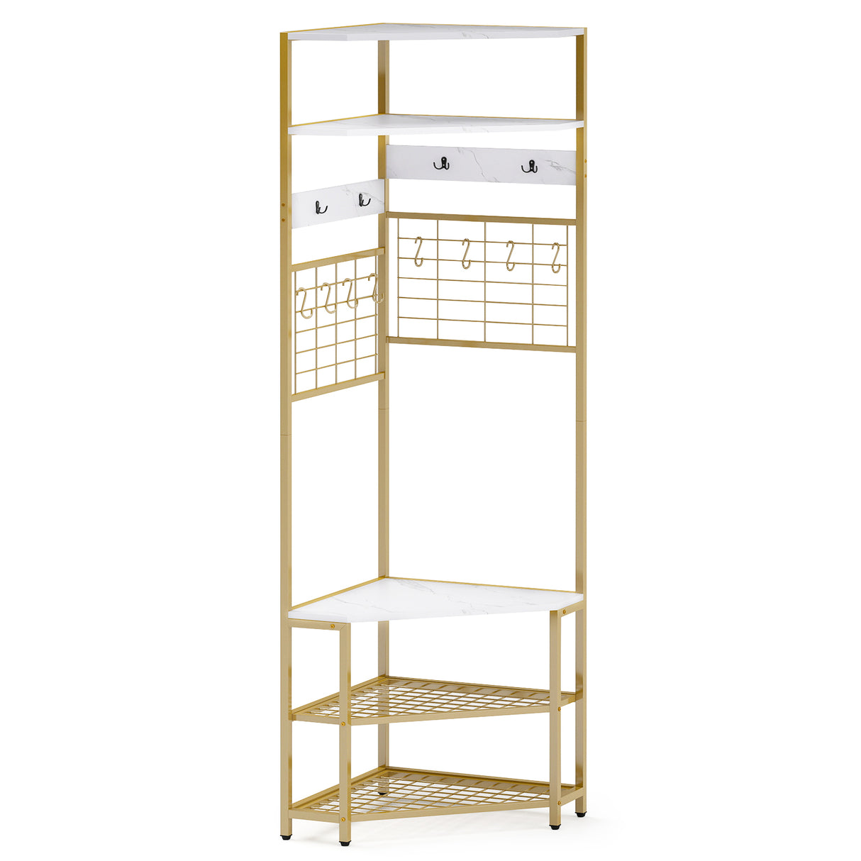 5-Tier Corner Hall Tree with Shoe Storage Bench-White