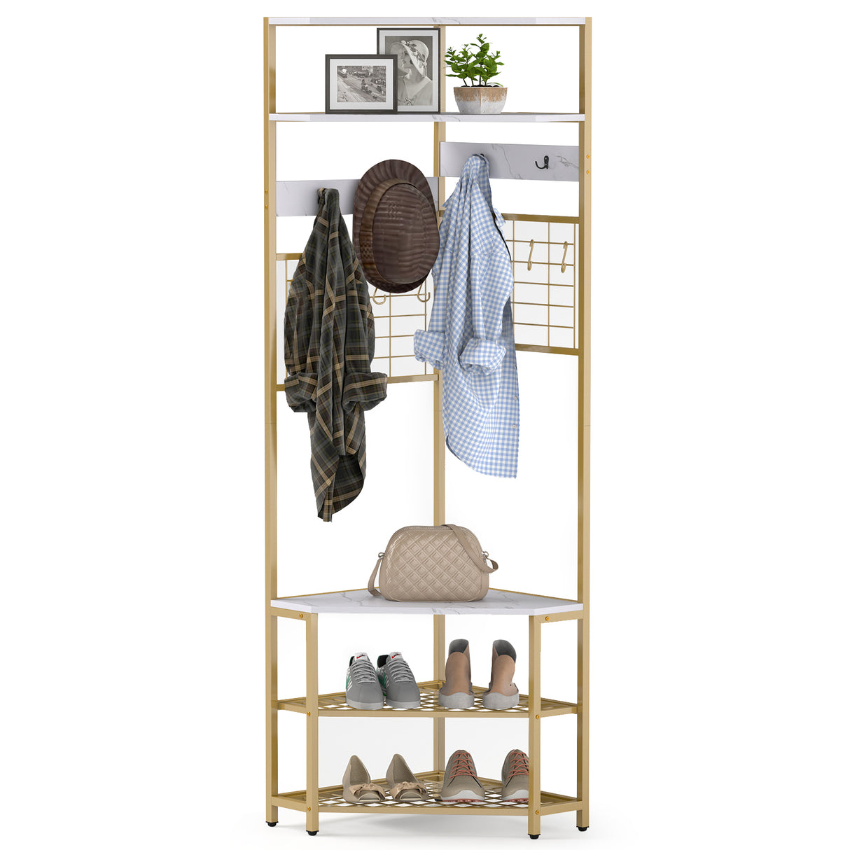 5-Tier Corner Hall Tree with Shoe Storage Bench-White