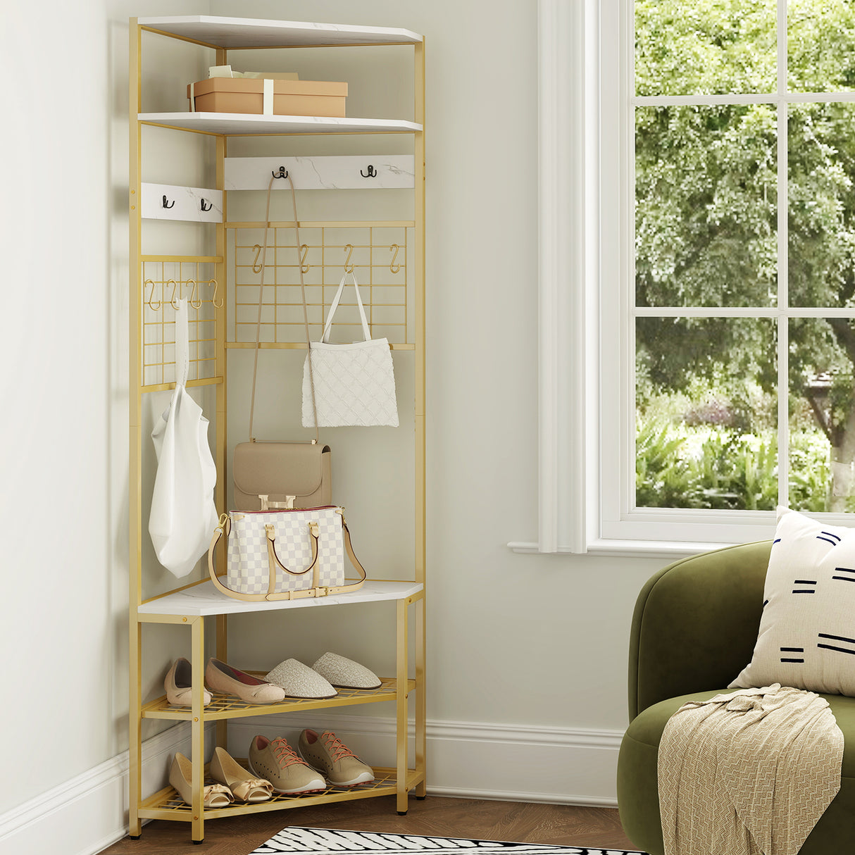5-Tier Corner Hall Tree with Shoe Storage Bench-White