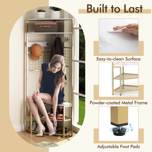 5-Tier Corner Hall Tree with Shoe Storage Bench-White