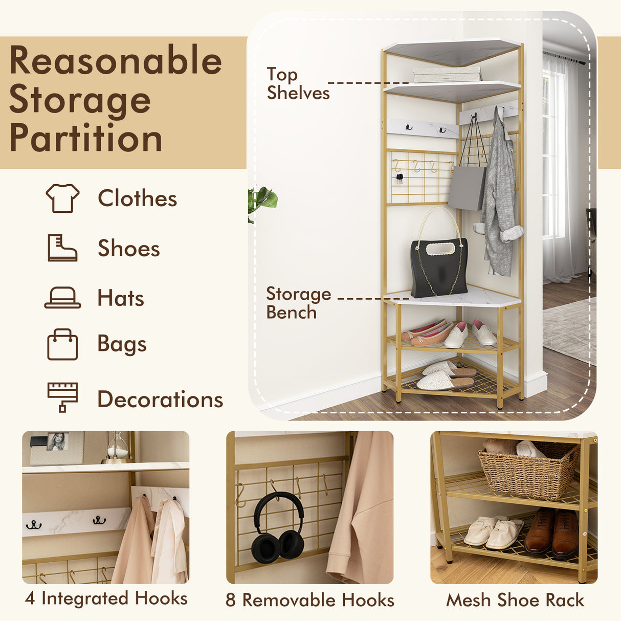 5-Tier Corner Hall Tree with Shoe Storage Bench-White