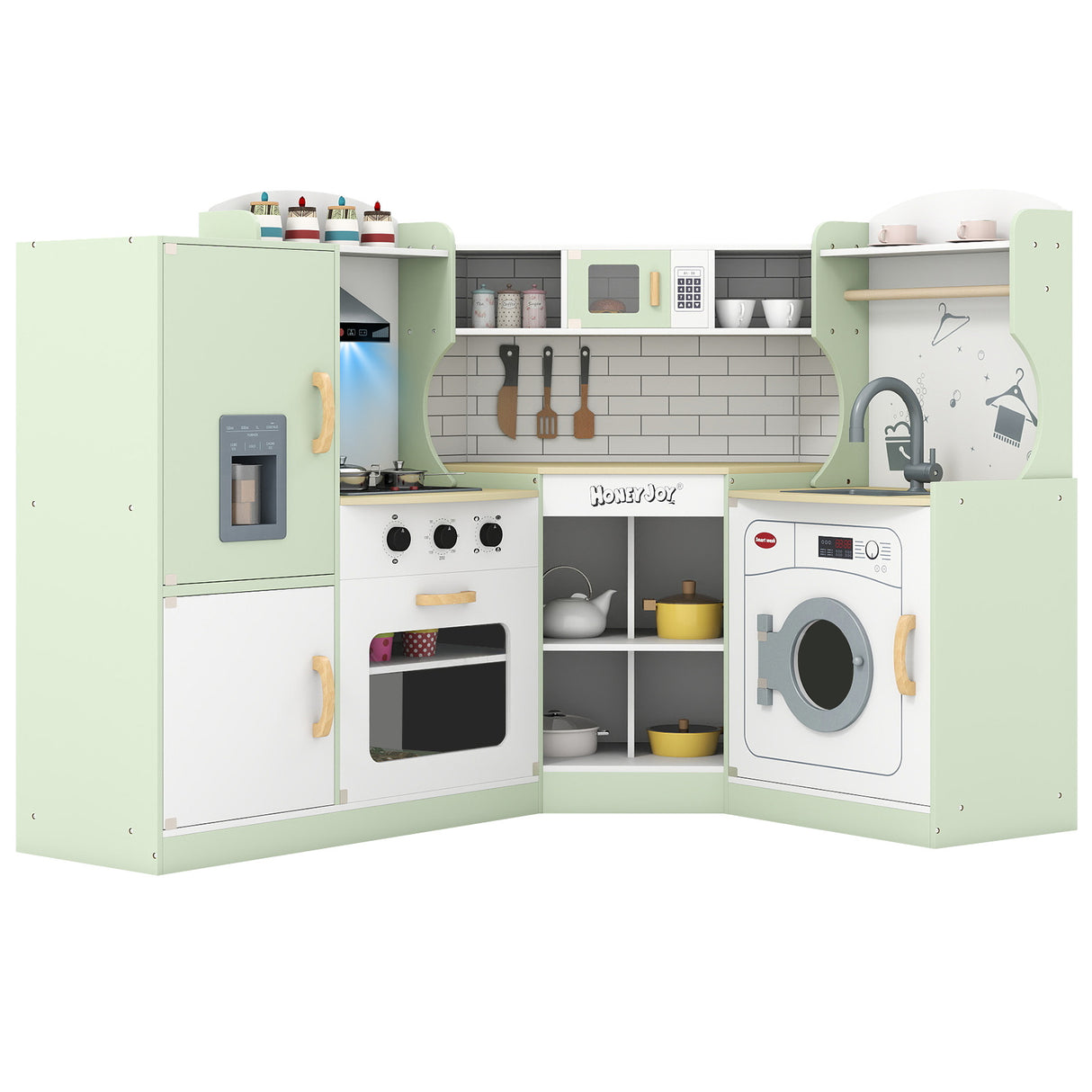 Corner Kids Play Kitchen with Washing Machine and Ice Maker Gift for Boys Girls-Green
